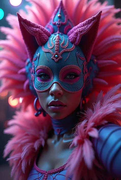 a woman in a carnival costume with feathers and a mask, doja cat, epic 3 d oshun, inspired by Hedi Xandt, karol bak uhd, doja cat as cat woman, by Mike Winkelmann, music video, inspired by Mike Winkelmann, neon jungle, inspired by David LaChapelle, officia...