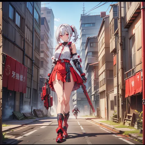 (masutepiece, Best Quality), (Perfect athlete body:1.2), (detailed hairs), Ultra-detailed, Anime style, Full body, Cyberpunk Ninja Gunner Girl, Wearing Techwear, Red Accessories, Wielding a huge high-tech gun, Black and white hair, stew, Mechanical arm gua...