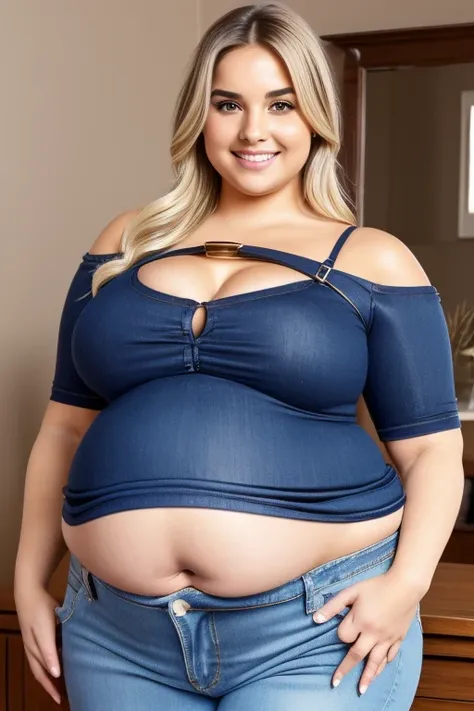 girl, Young, she has a full and curvy body, ((((chubby, barriga grande, round belly)))), with a voluptuous silhouette, exibindo long legs e uma barriga arredondada. ((((Ela usa uma blusa preta fair, which seems a little small for her, as if it were a small...