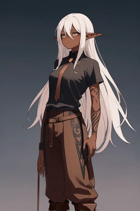 A girl of short stature, slim build. Dark peach skin color. Silver hair, long. eyes are completely black. ears - elven. Dragonfly wings. Shirt with rolled up sleeves. brown pants. leather boots. Tattoo on both arms - black lines wrapping around the elbows....