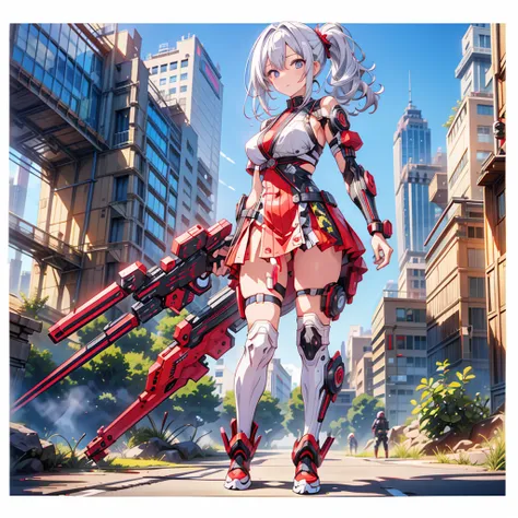 (masutepiece, Best Quality), (Perfect athlete body:1.2), (detailed hairs), Ultra-detailed, Anime style, Full body, Cyberpunk Ninja Gunner Girl, Wearing Techwear, Red Accessories, Wielding a huge high-tech gun, Black and white hair, stew, Mechanical arm gua...