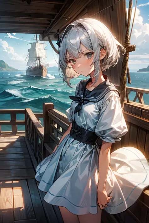 Girl watching the sea with monoculars、Short, shaggy silver hair、Tight eyes、Frowning、Small breasts、On the deck of a ship、middle ages、Bow of a sailing ship、