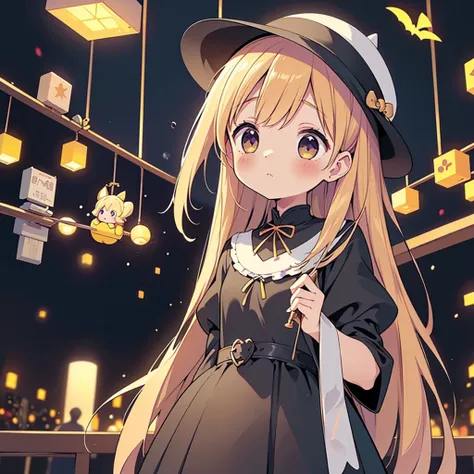 One girl,(((Perfect Anatomy、Perfect human body、Best Quality、masterpiece、Super detailed、X Composition、composition、Square composition、Triangular composition、Award-winning works)))、cute、Pastel color palette、Trick or Treat、Pumpkin Carriage、big wizard hat、Black...