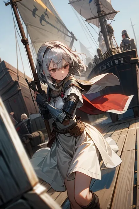 Girl shooting a cannon、Short, shaggy silver hair、Tight eyes、Frowning、Small breasts、Crusader-style armor、On the deck of a ship、middle ages、Bow of a sailing ship、