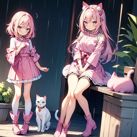 Cute With a girl cat ears、Japanese anime style、Moe、（Full body 2.0）、（Only 1 person 2.1）、（No background 1.8）、Authentic and highly detailed body、Petite、With a girl、Childish、、Hair length、Bans、Pink Hair、Realistic and highly detailed faces、Beautiful eyes with re...