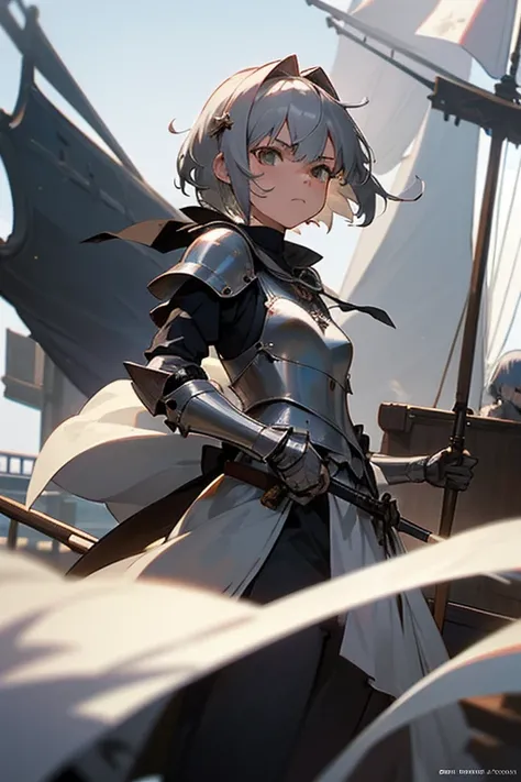 Girl with sabers in both hands、Short, shaggy silver hair、Tight eyes、Frowning、Small breasts、Crusader-style armor、On the deck of a ship、middle ages、Bow of a sailing ship、battlefield、There&#39;s fire behind me