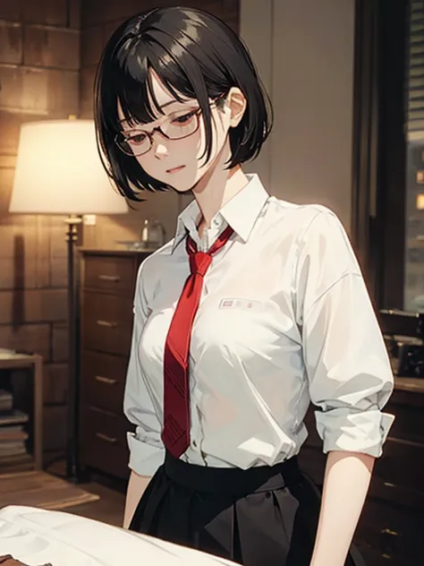 { masterpiece: Best quality } { Horror theme } { background = old apartment, dirty, messy and scary : night : dark } { character = Dahyun : fit body : short dark bob hair with smart bangs : wearing glasses : white collar shirt : Red Tie : Black skirt : des...