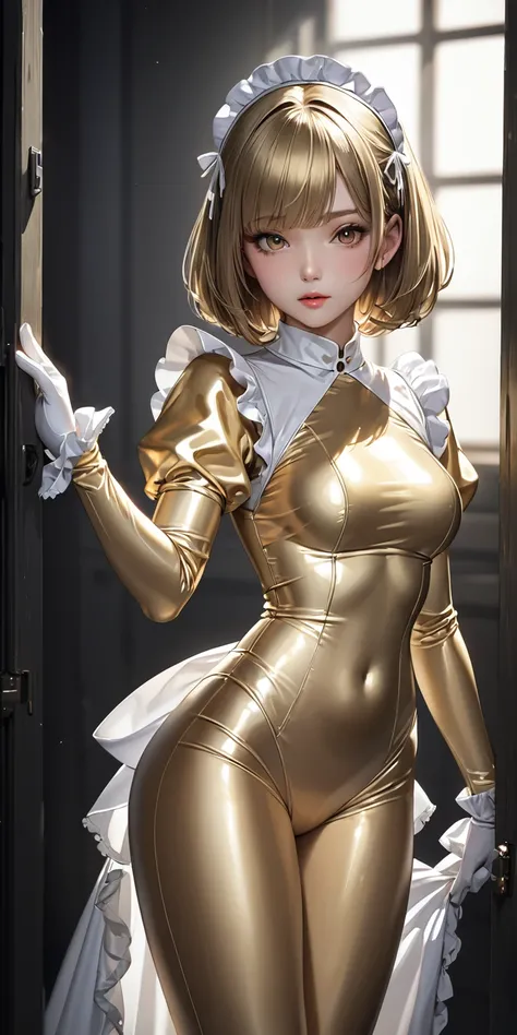 Portraiture、Extremely detailed CG,(masterpiece,Best Quality,Ultra-high resolution),Japanese women, Bob hair with bangs、(((Very beautiful girl)))、(((She wears a shiny, light gold satin long-sleeve maid outfit.)))、The dress has a simple design、The skirt is a...