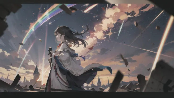 Beautiful young woman in fancy wizard robes controlling the magic of a rainbow light tornado, debris flying, corner of a castle in the sky, strong depth of field, 8K