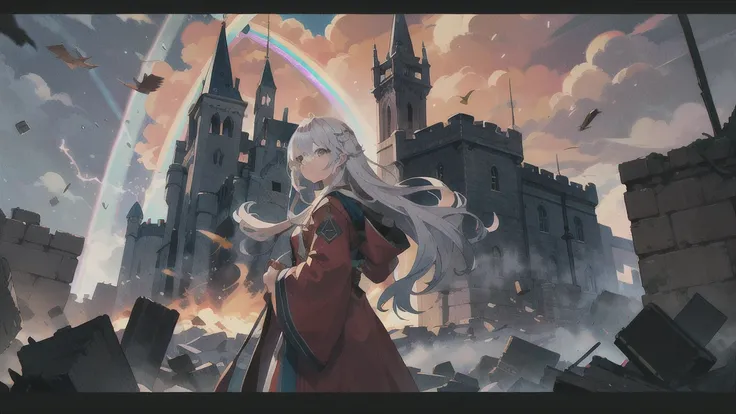 Beautiful young woman in fancy wizard robes controlling the magic of a rainbow light tornado, debris flying, corner of a castle in the sky, strong depth of field, 8K