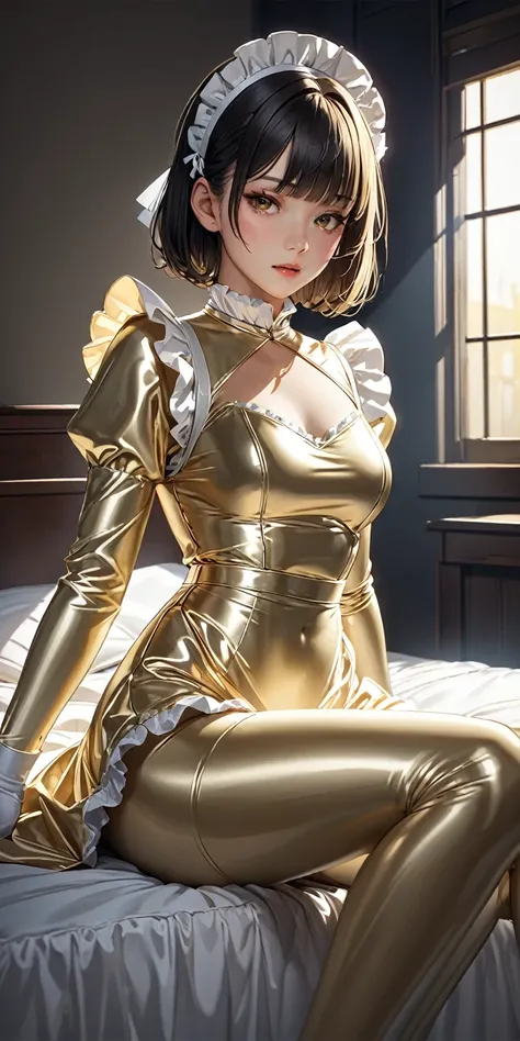 Portraiture、Extremely detailed CG,(masterpiece,Best Quality,Ultra-high resolution),Japanese women, Bob hair with bangs、(((Very beautiful girl)))、(((She wears a shiny, light gold satin long-sleeve maid outfit.)))、The dress has a simple design、The skirt is a...