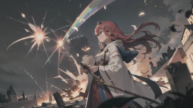 Beautiful young woman in fancy wizard robes controlling the magic of a rainbow spark light tornado, debris flying, corner of a castle in the sky, strong depth of field, 8K