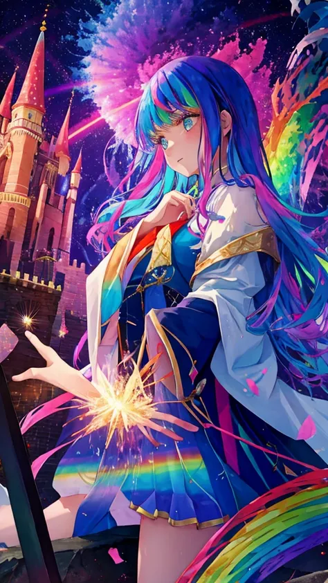 Beautiful young woman in fancy wizard robes controlling the magic of a rainbow spark light tornado, debris flying, corner of a castle in the sky, strong depth of field, 8K