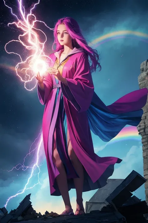 Beautiful young woman in fancy wizard robes controlling the magic of a rainbow spark light tornado, debris flying, corner of a castle in the sky, strong depth of field, 8K