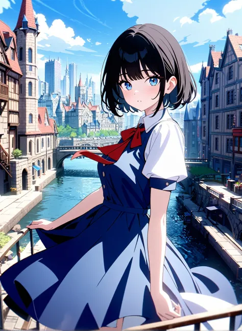 1girl,bangs,black_hair,blue_sky,bridge,building,castle,city,cityscape,cloud,day,dress,looking_at_viewer,outdoors,red_neckwear,red_ribbon,ribbon,river,short_hair,short_sleeves,sky,skyscraper,solo,standing,town,water,(masterpiece,anime,newest,new,exceptional...