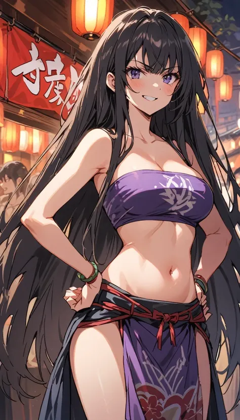 high school girl　beauty　black hair　straight long hair　smile　reckless attitude　glaring at me　tits　tube top bra　loincloth　belly bu...