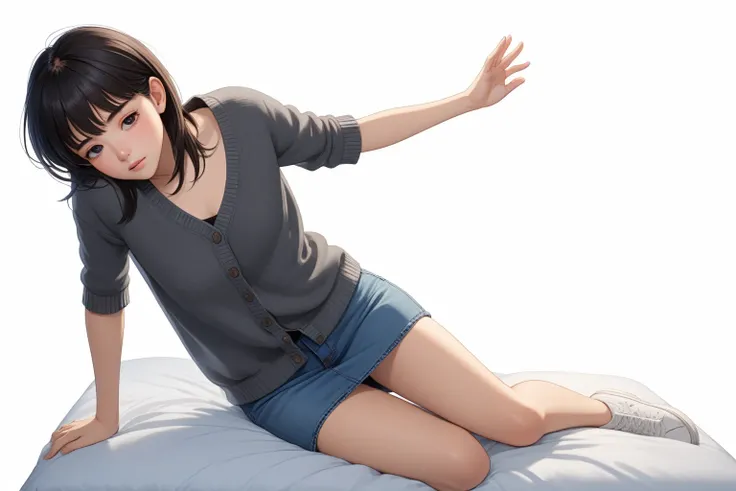 young latin woman, lying down on her bedroom, lying on flat, sleep with turning face up, closed eyes, she has dark brown hair (+swept-bangs, half up half down hair), wearing black-gray half sleeves cardigan, closed cardigan, black and white undershirt, blu...