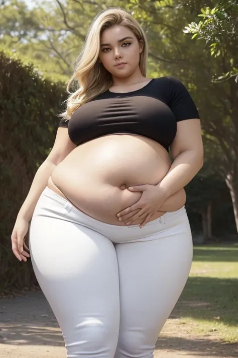 girl, Young, she has a full and curvy body, ((((chubby, barriga grande, round belly)))), with a voluptuous silhouette, exibindo long legs e uma barriga arredondada. ((((Ela usa uma blusa preta fair, which seems a little small for her, as if it were a small...