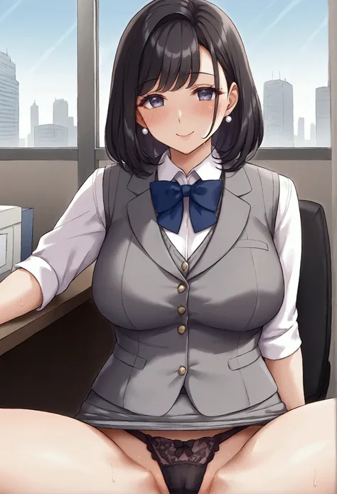 Mature Woman、1 female, Office Workers, Reception, (White and grey checked vest:1.2) (Navy Pencil Skirt) Bow tie, Mature Woman, /(Black Hair/) bangs, A gentle blushing smile, (Top quality masterpiece:1.2) Delicate illustrations, Very detailed, big  Blake (M...