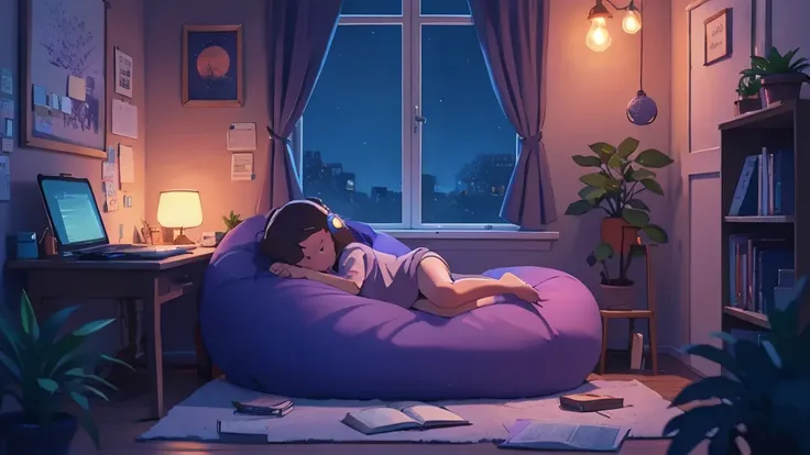 Create an image of a cozy and tranquil study scene at night. The setting is a small room with purple and blue hues, giving off a calm and serene atmosphere. There should be a large bean bag with a girl resting on it, surrounded by scattered books and open ...