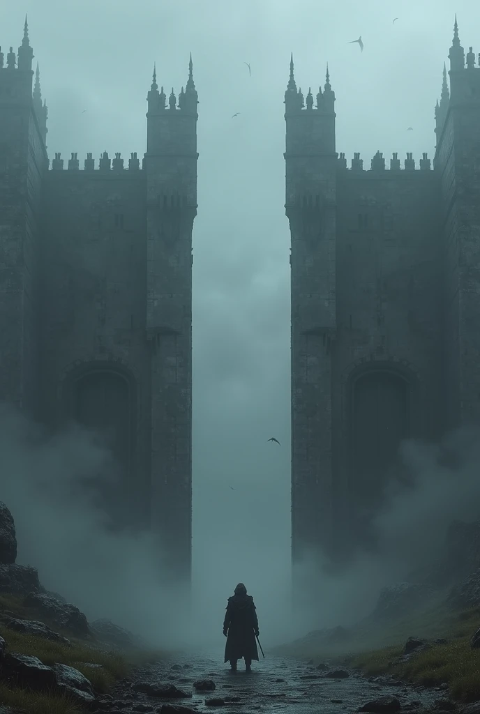 Wanderer city walls loom grayness darkness fog
