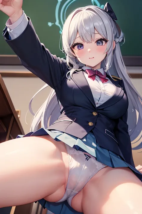 (((Lower Body、Uniform Blazer、Spread your legs、レースofパンティー、mini skirt))、(((Accentuate the crotch、Shooting from below)))、Best Quality, 8k, masterpiece :1.3)), whole body, Sharp focus :1人of少女,光沢ofある肌,SSexy pose,Best Quality,Tabletop,shape,Very delicate and bea...