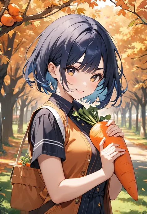 (masterpiece, best quality),(A girl wearing a cute autumn vest),(She is holding a freshly picked carrot in her hand),in orchard,smile, BREAK (16yo,(darkblue hair, wavy-short hair),bold eyebrows,middle small breasts),cowboy shot,