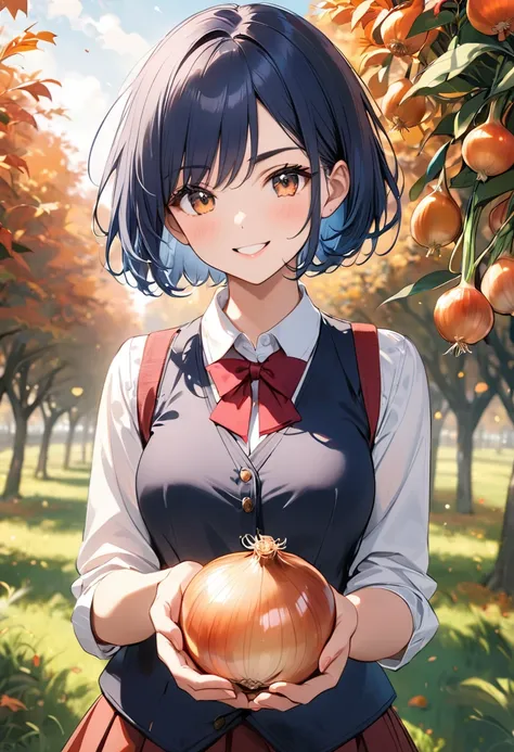 (masterpiece, best quality),(A girl wearing a cute autumn vest),(She is holding a freshly picked onion in her hand),in orchard,smile, BREAK (16yo,(darkblue hair, wavy-short hair),bold eyebrows,middle small breasts),cowboy shot,