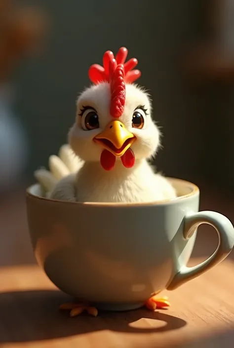 A small adult chicken in a mug smiling at the camera 8K Raw image