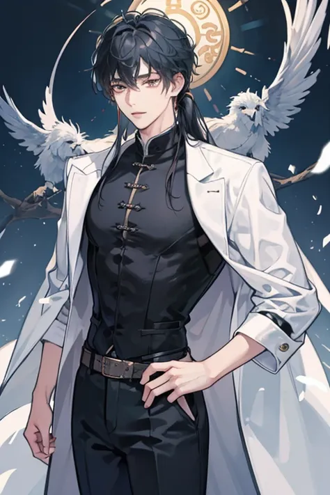 Muscular，Long hair，Chinese handsome guy，Eye color is slate blue，Wear a white coat，Black fitted top，Black trousers，Looks young，Prominent Adam&#39;s apple，Wearing a leg ring，whole body，leather shoes，Neck Ring，Nipple clamps，Black Hair，Abdominal muscles

