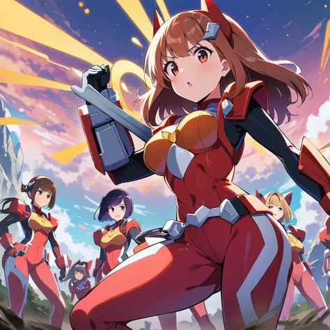 super sentai series, mecha bodysuits, holding weapon, girls surrounding, multiple girls, curvy body