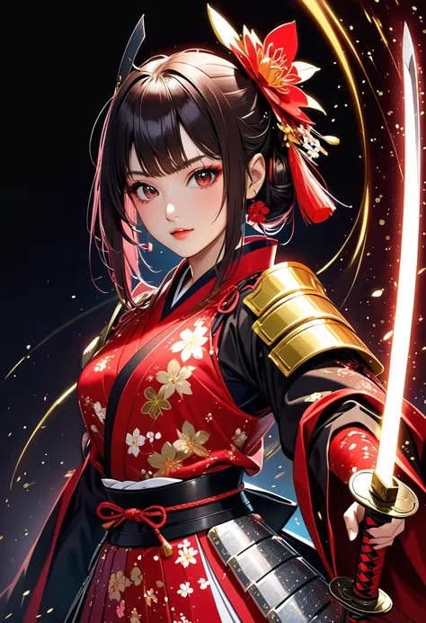 (masterpiece, best quality:1.1),
(ultra highres, ultra-detailed:1.2) ,japanese female samurai,teen,hair ornaments,japanese samurai armor,cube pattern costume, BREAK,detailed hand,Holding katana(japanese blade) in both hands,golden aura,divine,beautiful eff...