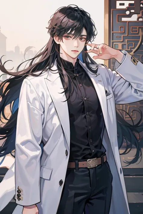 Muscular，Long hair，Chinese handsome guy，Eye color is slate blue，Wear a white coat，Black fitted top，Black trousers，Looks young，Prominent Adam&#39;s apple，Wearing a leg ring，whole body，leather shoes，Neck Ring，Nipple clamps，Black Hair，Abdominal Muscle Seated ...