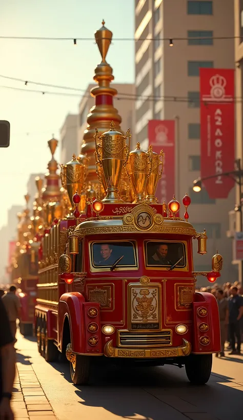 “A highly realistic scene inspired by the Royal Mummies Parade, but instead of ancient artifacts, it features a grand procession transporting the trophies, cups, and awards of Al Ahly football club. This is the first of five consecutive scenes, showing a l...