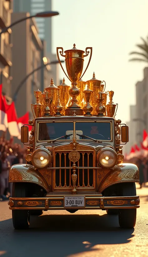 “A highly realistic scene showing the second of five consecutive images in a procession inspired by the Royal Mummies Parade, transporting the trophies, cups, and awards of Al Ahly football club. The scene shows a second vehicle, just as majestic as the fi...