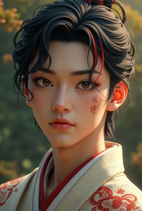 1 handsome guy, 2, cute face, black hair with a red streak, small scar on cheek, detailed clothing of Taisho era, beautiful detailed eyes, beautiful detailed lips, extremely detailed face, longeyelashes, intricate costume details, traditional Japanese aest...