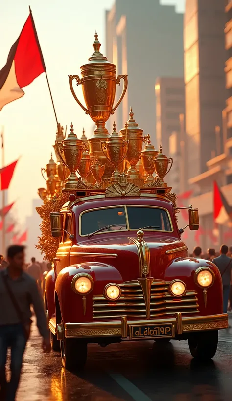 “A highly realistic scene showing the fourth of five consecutive images in a procession inspired by the Royal Mummies Parade, transporting the trophies, cups, and awards of Al Ahly football club. The scene features a majestic fourth vehicle, intricately ad...