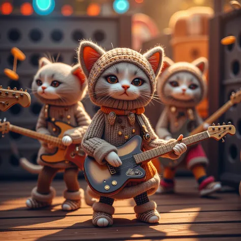 cute cat rock band, cute cats playing musical instruments, electric guitar, bass, drum, energetic performance, little paws pluck...