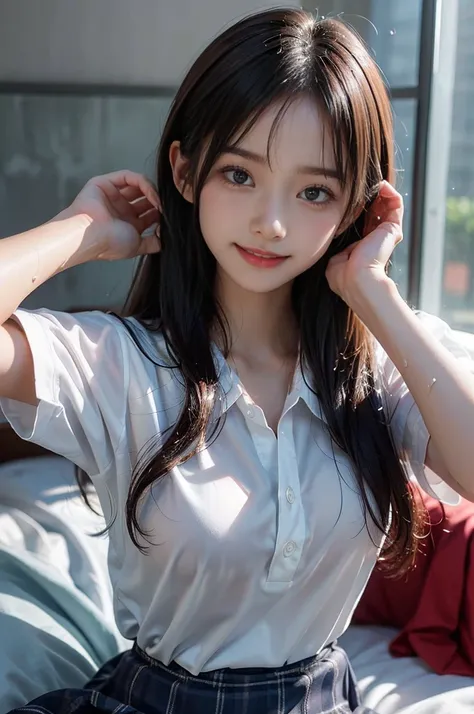 (a snapshot,),(looking Happy:1.4),(on the bed:1.2),(wet,splash),(1 slim beautiful Korean idol,long straight hair,Side bangs,symmetry eyes),break,8k,Realistic photo style,Photorealism, Realistic, Surreal,Best image quality, High resolution, Highest quality,...