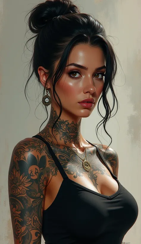  The image is a digital painting of a female character with tattoos on her skin, her hair is styled in a bun and she is wearing a black top.