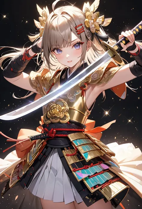 (masterpiece, best quality),
(ultra highres, ultra-detailed) ,japanese female samurai,teen,kawaii,detailed face,hair ornaments,japanese samurai armor(gold color),cube pattern costume, BREAK,detailed hand,detailed katana(japanese blade),silver aura,divine,b...