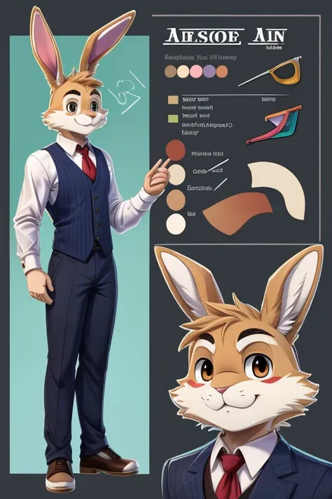 Character design, character sheet, hi-res, good graphics, great anatomy, anatomically correct, detailed body, anime, cartoonish. Mr Jimmy(male, 25, bunny(anthro/furry), Fashion design teacher)