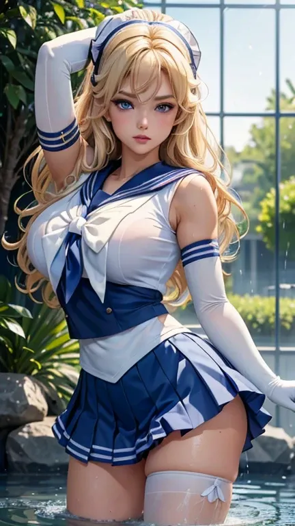 close up, 1 , sailor, Tsukino Usagi, (sailor chiseki uniform:1.2),wet, transparent top, (blue eyes:0.9), blonde hair, medium hair, wedge skirt, Best quality, toys, masterpiece, high resolution, intricate details, (realistic)), photography, (White elbow glo...