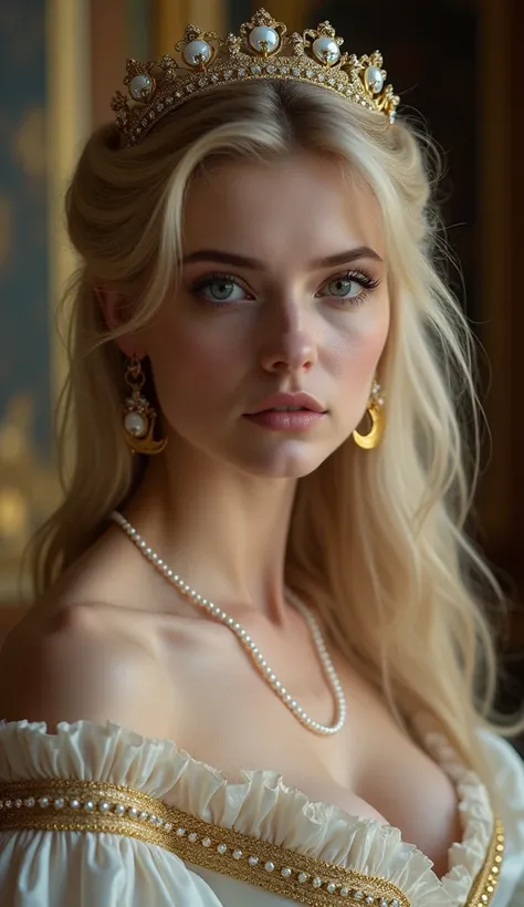 Close-up shot , View your viewers, Russian girls, , (Blonde, Mid-length hair ,  Falter, Grey Eyes, Beautiful Lips,  Serious),  Golden crescent earrings, Gold Necklace, (Big Breasts, Slender Hoist, [Wide Hips) ,(Rococo style 18th century dress) , (Gold earr...