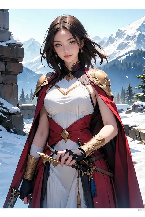 Draw the Sword of Snowy Mountain, Ancient women&#39;s cold ice flame sword, A sword blazing with blue flames in hand, A sword in white dancing in the snow, long hair fluttering, Beautiful woman holding a silver sword, Wearing jade jewelry, Her face is full...