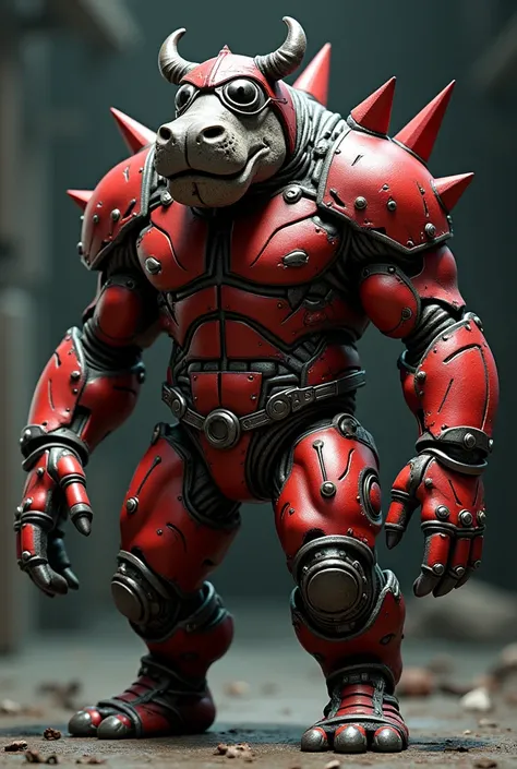 3D Rendering、Toy、Action Figures、Hippopotamus Monster、Bad guy、cyborg、Upright walking、Helmet with horns、Wearing goggles with slits、Jaws of Steel、Sharp Fangs、The tips of the limbs have been strengthened and modified.、Red metallic steel body、Armor with sharp s...