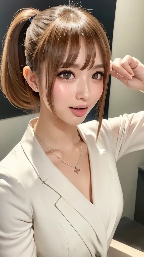 ((Highest quality)), ((masterpiece)), (High-definition photos), (upper ponytail), (Blonde), (bangs),  (beautiful girl), False eyelashes, (Sticking out tongue), (necklace:1.2), (charcoal business suit:1.1), (bulge), (white skin), (She spreads her two finger...