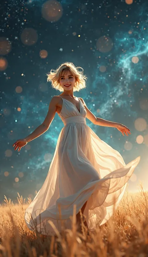 (masterpiece:1.2, Best Quality), Professional photorealistic images, Beautiful photos, (Natural side lighting, Cinema Lighting), Cute Russian Girl、Rough blonde short cut、Crystal clear cleanliness、Dancing with a bright smile in a cosmos field、White dress fl...