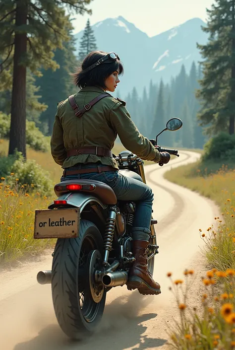 (OR LEATHER)の文字が書かれているtree製の標識　Young woman with short black hair, Beautiful and attractive face, Vintage half helmet and goggles、Wearing a military jacket, Damaged shoes and gloves, A sturdy bike with block tires is speeding down a winding forest road.., T...