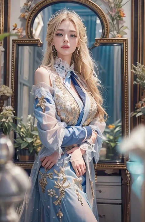 Highly detailed portrait of a beautiful young woman、Striking blue eyes are distinctive, Long blonde hair, Slim figure, He is wearing an antique tuxedo with bare shoulders.., Set in an urban environment, (Best Quality, 4K, 8k, High resolution, masterpiece:1...